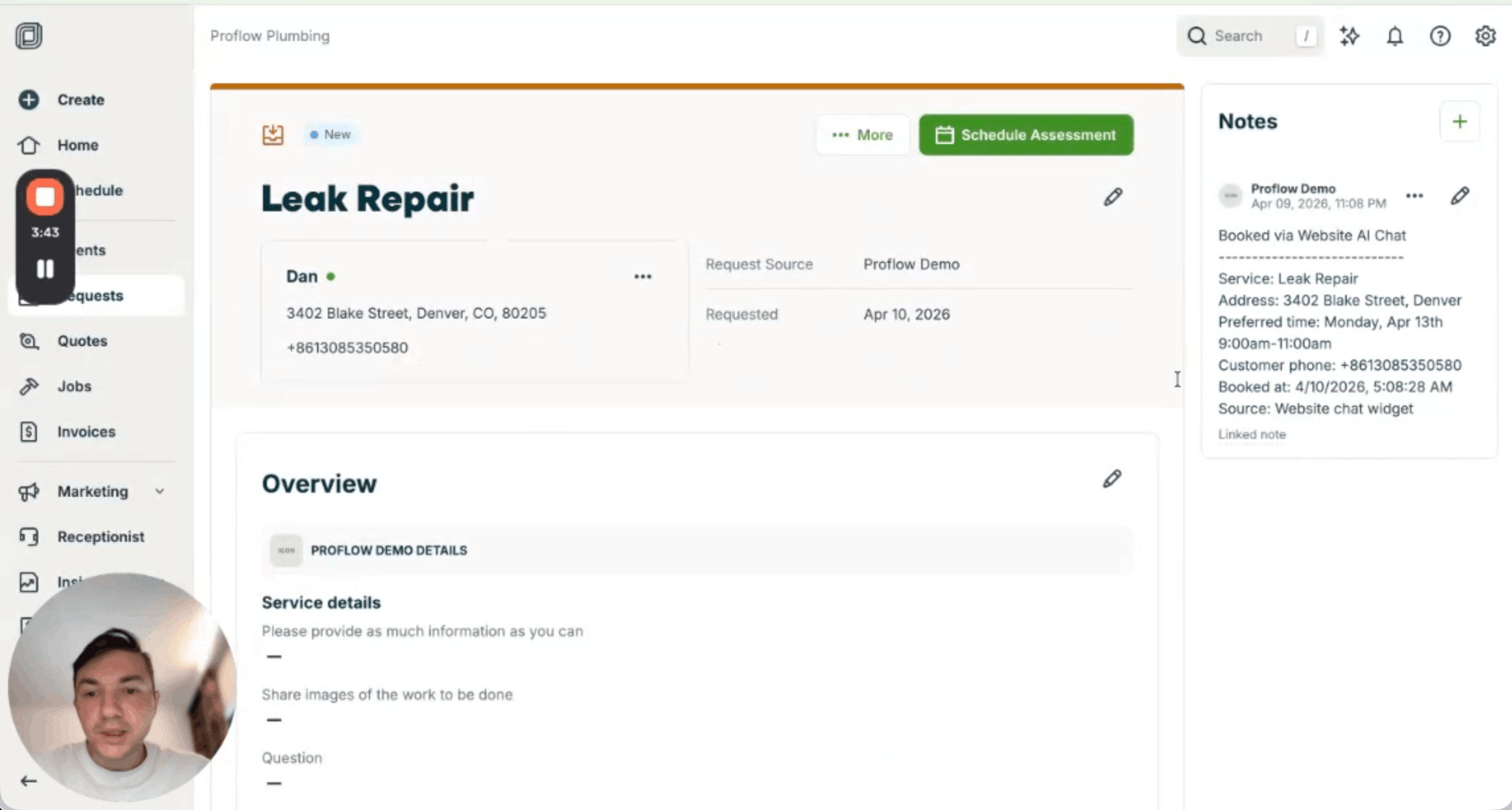 Inside the Jobber Dashboard dashboard showing a newly created client profile
